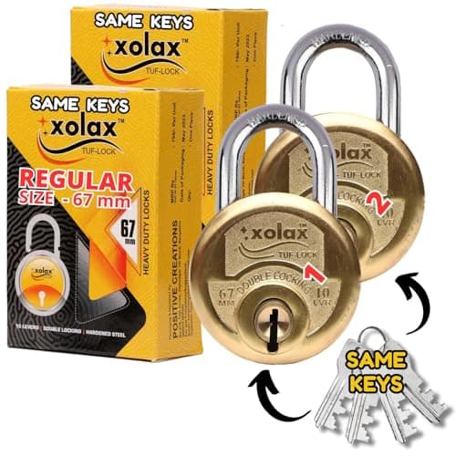 XOLAX 2 Locks Set - Regular Size Same Key Padlocks Golden Brass Color | Lock and Keys | Lock for Home | 3 ton Heavy Duty (2 Locks with Same Keys, Regular Size 67 mm)