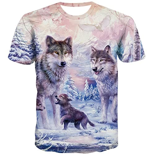 KYKU Wolf Family Tshirt Men 3D Printed Graphics Animal Pink T-Shirt Short Sleeve (Large, Wolf Tshirt)