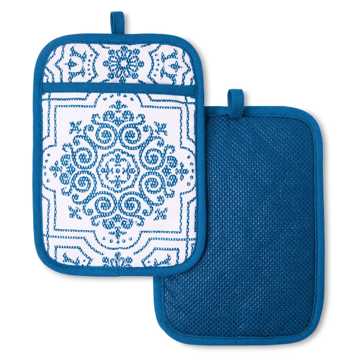 MARTHA STEWART Strie Medallion Pot Holder 2Pack Set Heat Resistant NonSlip Silicone Grip Navy Blue 7x10