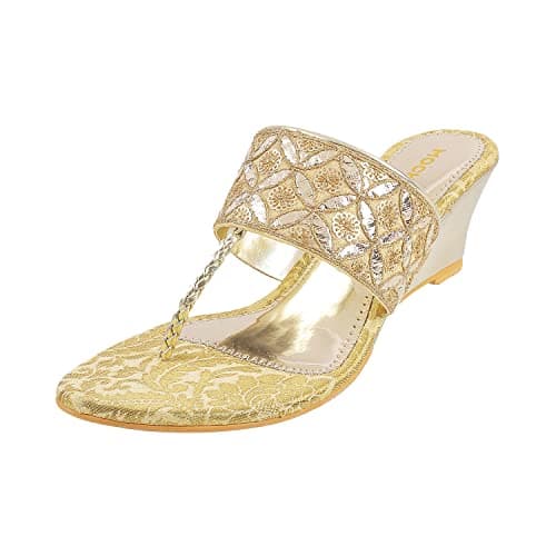 Mochi Women's Gold Ethnic Faux Leather Slip On Fashion Heel Sandals UK/6 EU/39 (35-4720)