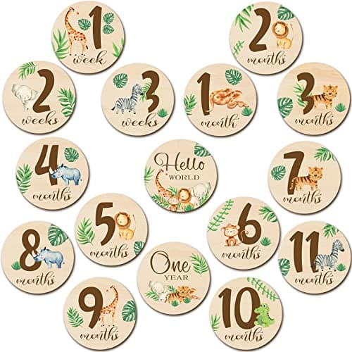 16 Pieces Wooden Baby Monthly Milestone Cards Baby Monthly Milestone Marker Discs Double Sided Monthly Milestone Wooden Circles Baby Months Signs for Baby Shower Newborn Photo Props(Jungle Animal)