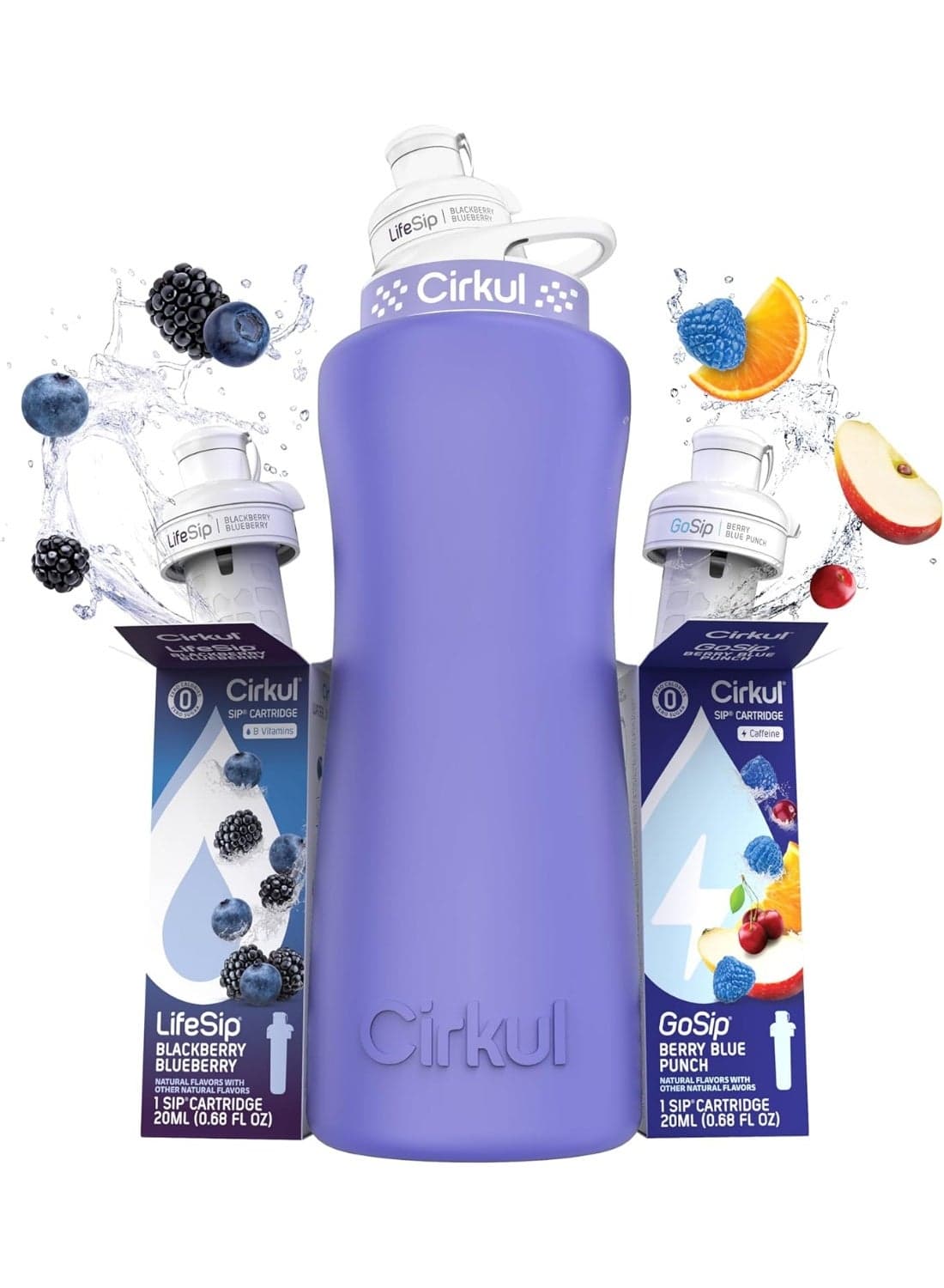 Cirkul 32oz. Matte Periwinkle Stainless Steel Water Bottle Starter Kit with Periwinkle Lid, 2 Flavor Cartridges (1 LifeSip Blackberry Blueberry, 1 GoSip Berry Blue Punch) Zero Calories and No Sugar