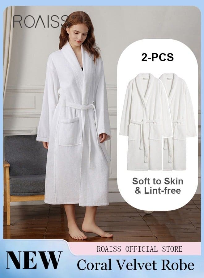 Coral Velvet Bathrobes Set for Men and Women, 2-PCS Long Increase Absorbent Pajamas Robe, Pure White Soft Plus Size Bathrobes with Pockets for Household Hotel