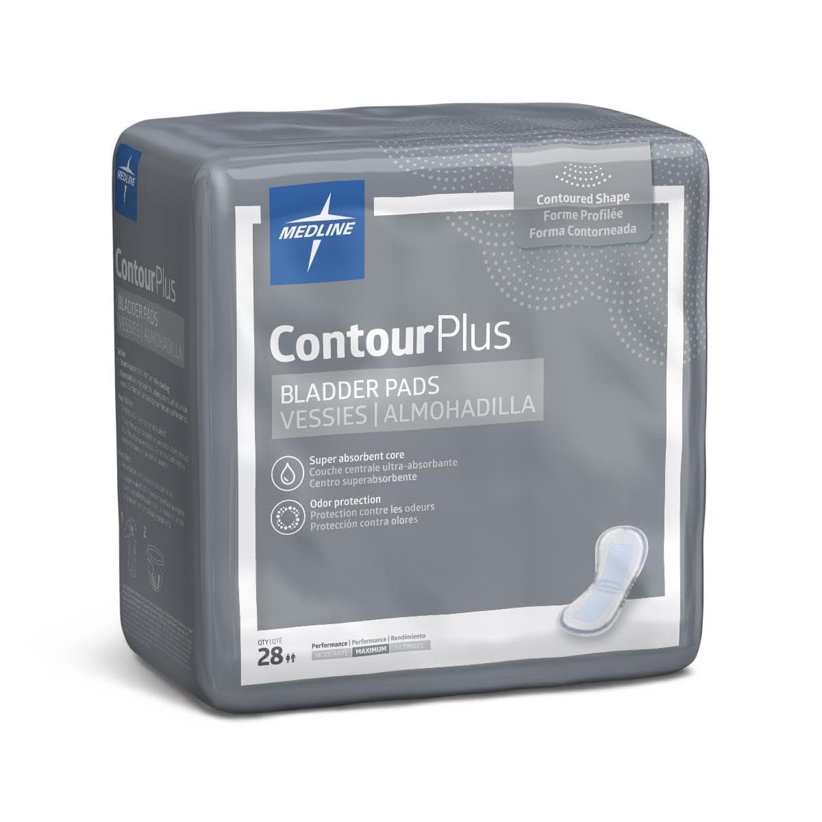 Medline ContourPlus Bladder Control Pads, Maximum Absorbency, 6.5 x 13.5 Inches, Bag of 28