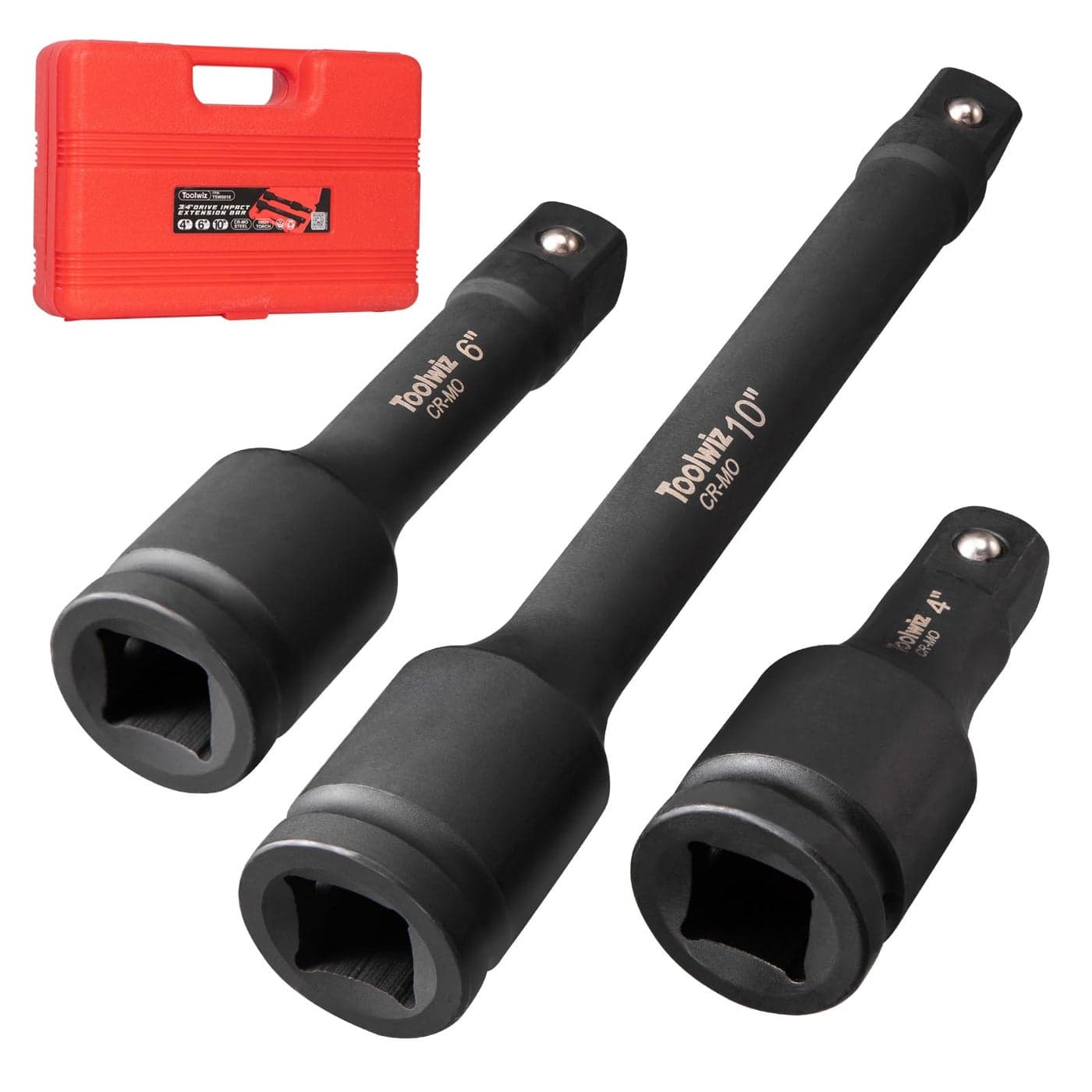 Toolwiz 3/4” Drive Impact Extension Bar 4”, 6”, 10” (3 Piece) Cr-Mo Steel, Expand the Range of Impact Drivers, Organized in PVC Box - Black 3/4 Ratchet Wrench Extension Bar Socket Set