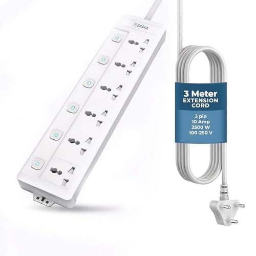EMBOX Extension Board with Switches 2500W, 6 Universal Sockets, Individual Switch, Safety Shutter, 6 amp Spike Guard, LED Indicator and Safety Shutter