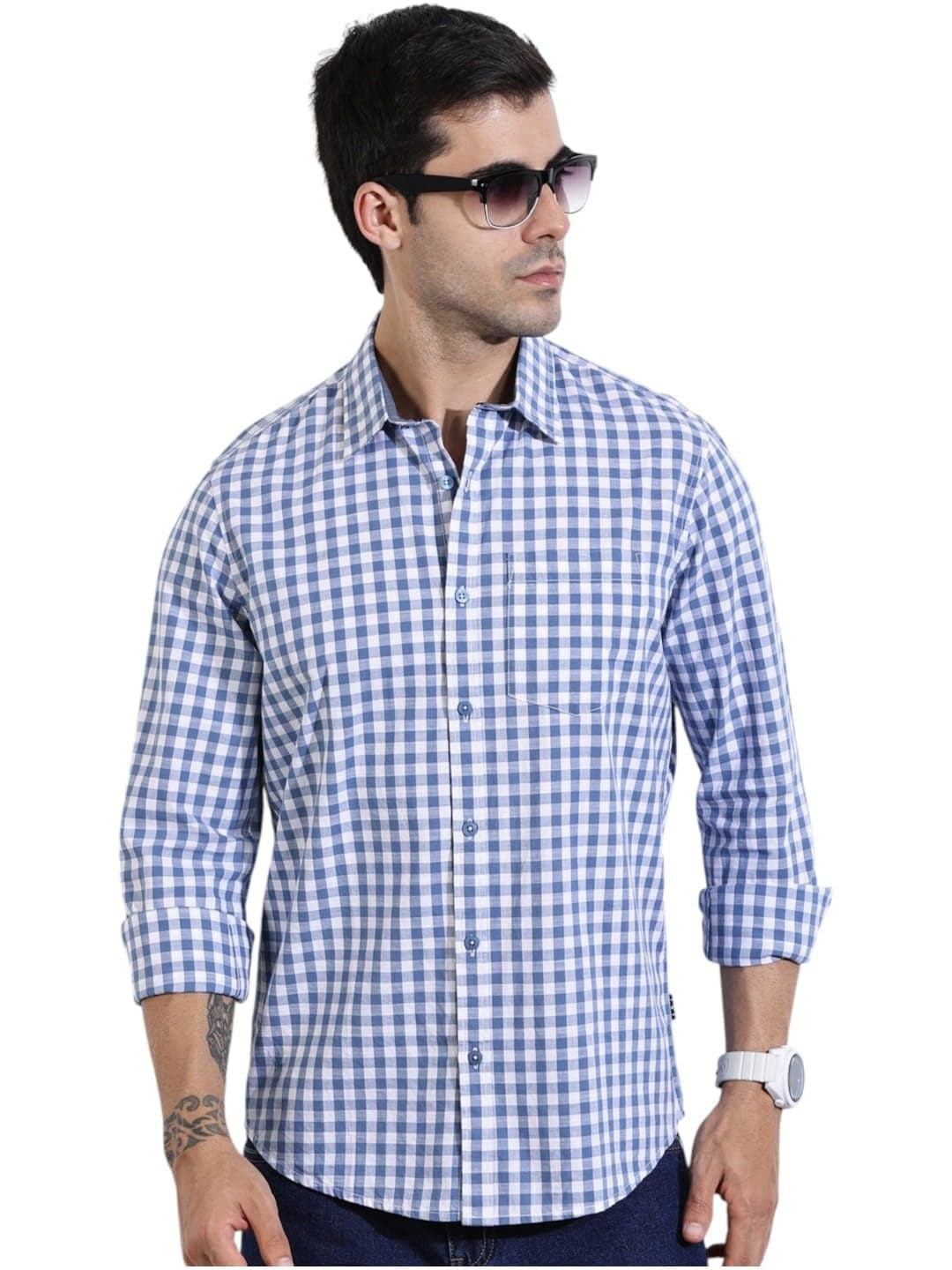Thomas Scott Men's | 100% Cotton | Long Sleeve | Slim Fit | Spread Collar | Checks Printed | Casual | Shirts for Men(TS1476_Blue_L)