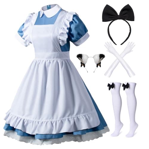 Wannsee Japanese Anime 6Pcs Lolita French Maid Apron Fancy Dress Cosplay Costume Gloves Headwear Socks setBlue L