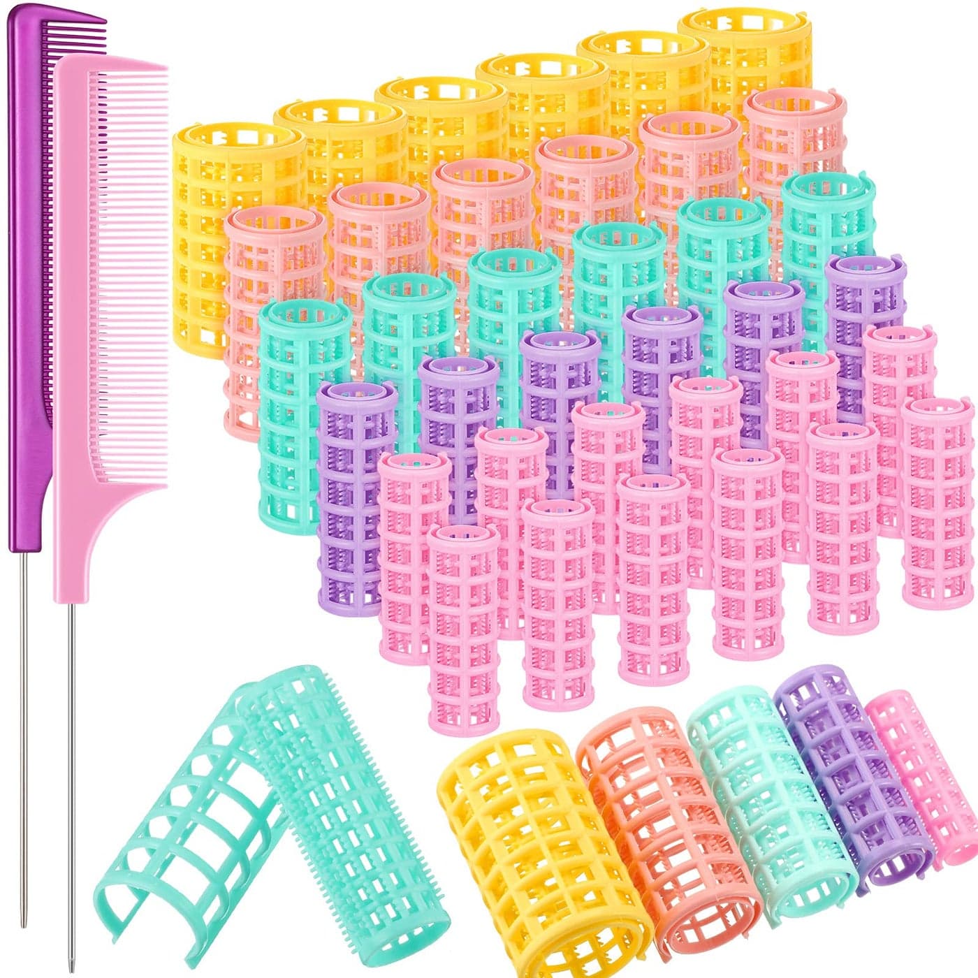 WILLBOND 36 Pieces Plastic Hair Roller 5 Sizes Curlers Self Grip No Heat Rollers with 2 Pieces Steel Pintail Combs for Short Long Hair Salon Barber Hairdressing Styling ToolsBright Colors