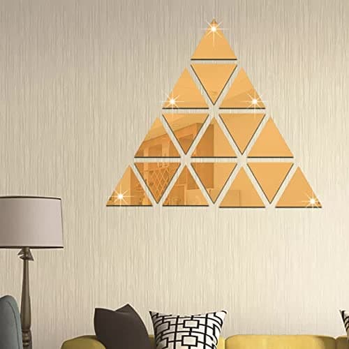WallDaddy - 16 Triangle Gold Mirror Wall Sticker | 3D Acrylic Mirror Stickers For Wall | Size- (15x7.5) Cm | Decorative Mirror Sticker for Living room | Bedroom | Bathroom | Kitchen Etc. (Pack of -16)