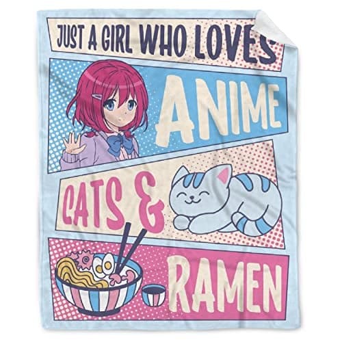 Just A Girl Anime Blanket Kawaii Decor Cats Ramen Luxurious Cozy 40X50 Inch KidsChild