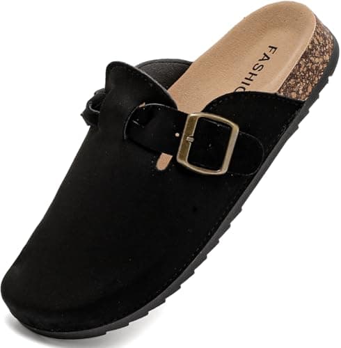 DDXYYDS Women's Suede Clogs Mens Leather Mules Comfort Cork Footbed Sandals with Arch Support and Adjustable Buckle Black