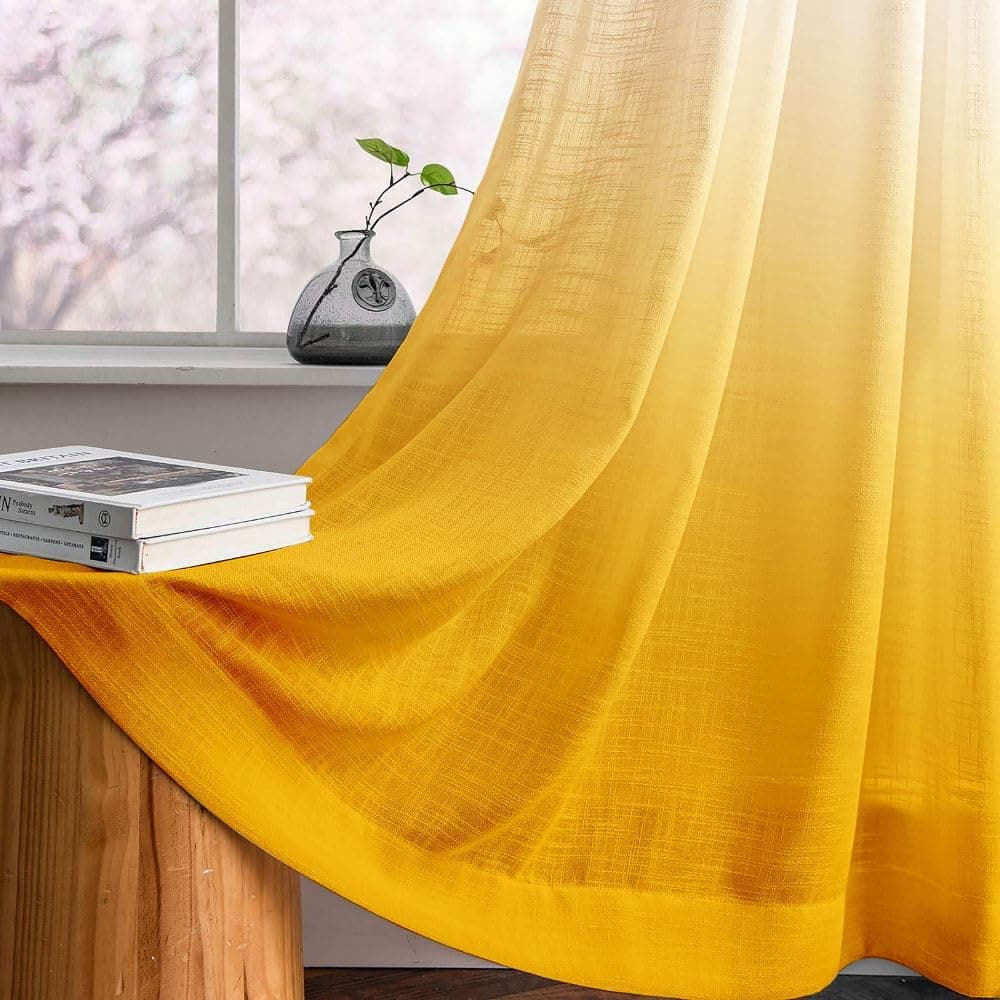 HOMADORN Ombre Printed Linen Textured Sheer Curtains for Living Room Bedroom Dining Room Kitchen Bathroom 7 FEET White Yellow