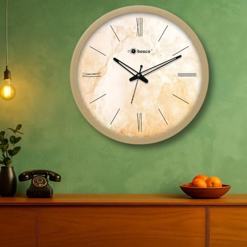 Bosco Modern Non Ticking Silent Marble Design Face, Gold Frame 30 CM Round Wall Clock for Home, Living Room, Bed Room, Office and Kitchen
