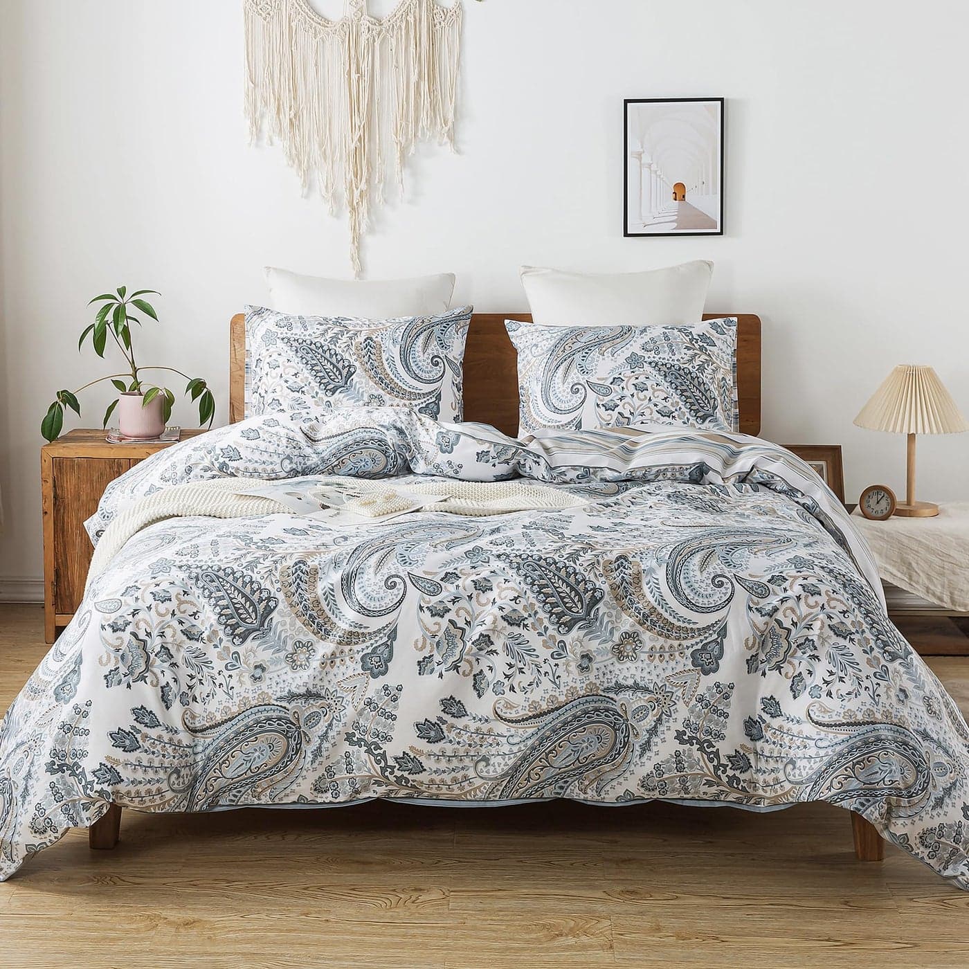 HoneiLife Cotton Duvet Cover Queen 3pcs Paisley Comforter Cover Soft Breathable Floral Bedding Duvet Cover Sets with Zipper Closure Corner Ties Wildflower Comforter Cover Sets All Season Use