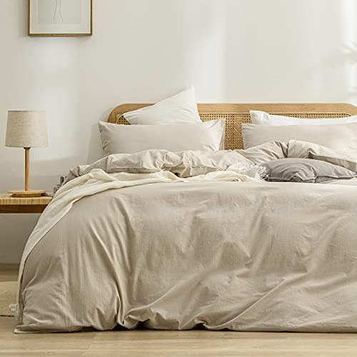 BESTOUCH Duvet Cover Set 100% Washed Cotton Linen Feel Super Soft Comfortable Chic Lightweight 3 PCs Home Bedding Set Solid Almond Milk Grey Super King