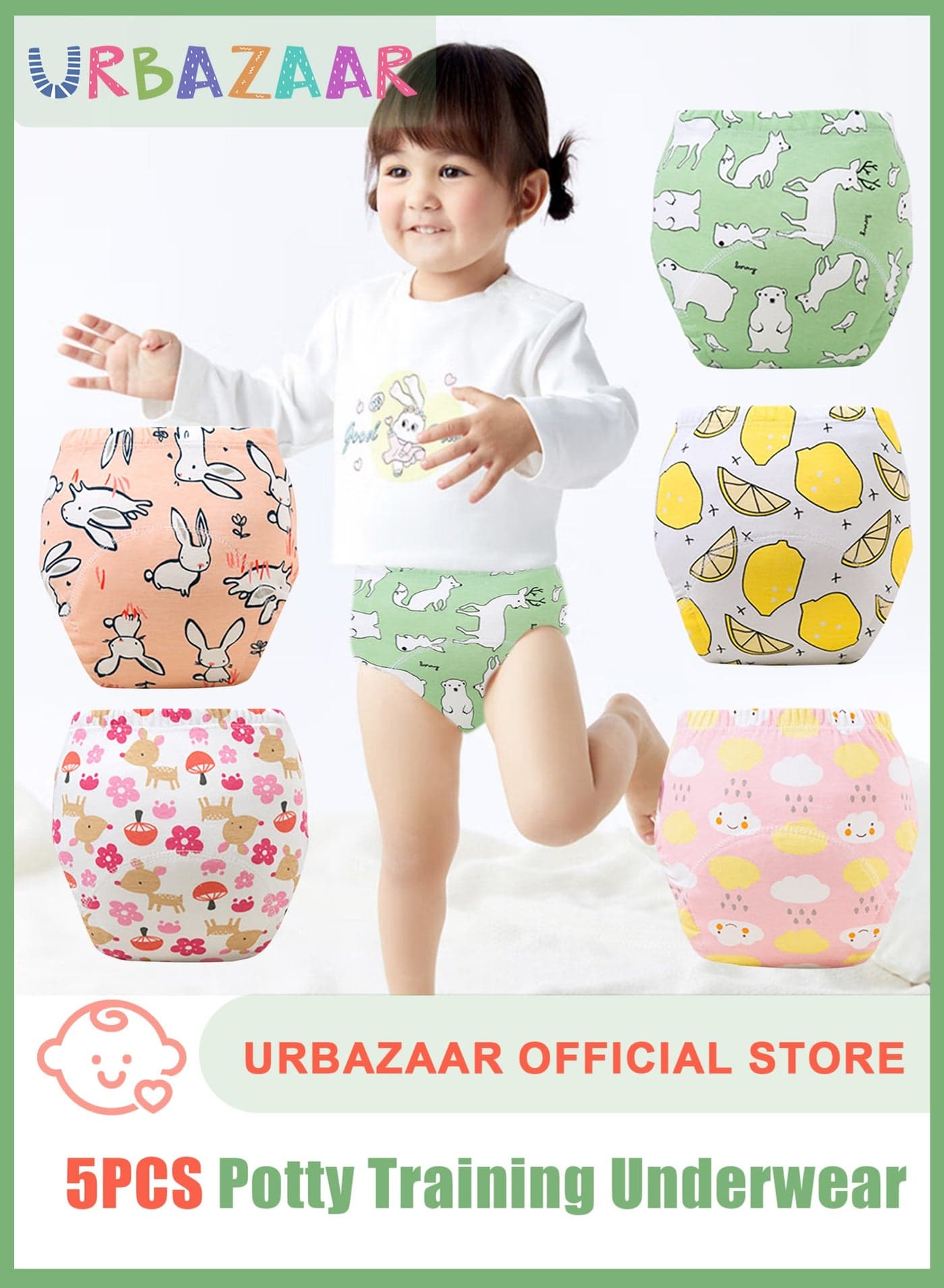 Baby Potty Training Underwear for Boys and Girls, 5 Pack Absorbent Training Pants for Toddlers with Printed Reusable Cotton Toilet Training Pants for 12-18kg Kids (2-4 Years)