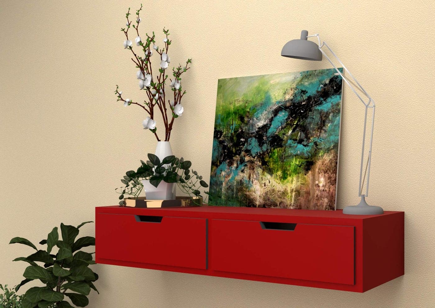 Vudy Exclusively Launched Metal & Engineered Wood Wall Shelf with Drawer for Living Room , Storage and Home Decorative Items (Red)