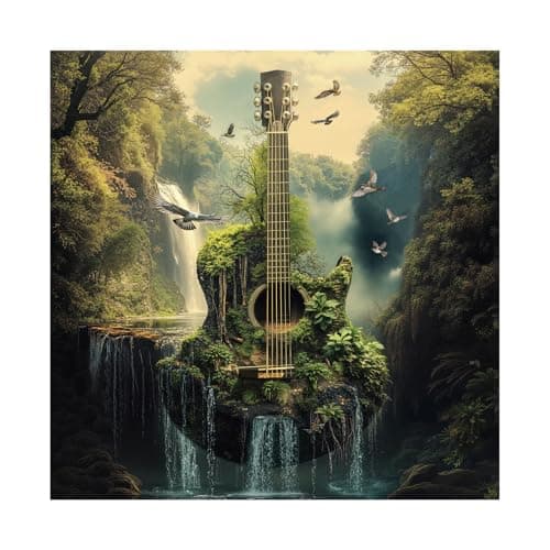 Guitar Forest Nature Puzzle 1000 Piece for Adults Music Waterfall Scenery Jigsaw Puzzle Fantasy Landscape Bird Plants Challenging Puzzles