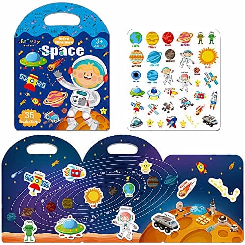 iGetooy Reusable Sticker Books for Kids Jelly Quiet Book Preschool Learning Activities Busy Book for Toddler Travel Toys Waterproof Stickers for Kids 2 3 4 5 6 Year Old Girls Boys Space