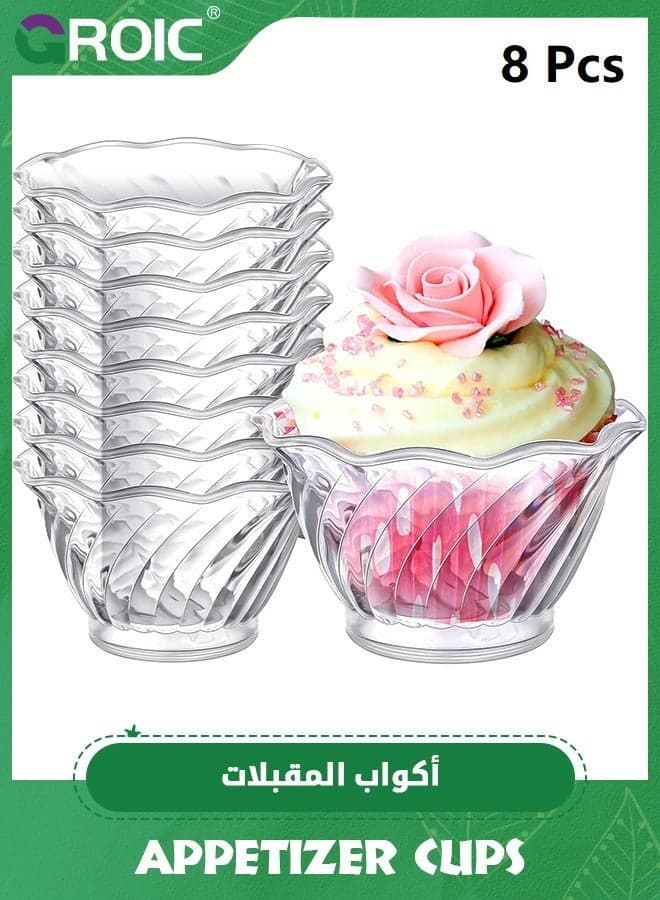 8 Pack Plastic Dessert Cups 6 oz Clear Ice Cream Sundae Tasting Bowls, Mini Round Swirl Tulip Shape Party Buffet Serving for Yogurt Salad Appetizer Chocolate Candy Parfait Fruit