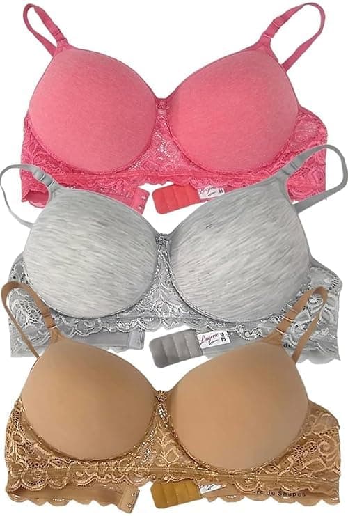 Emavic Women's Cotton Blend Lightly Padded Non-Wired Half Lace Padded T-Shirt Bra Combo Pack of 3