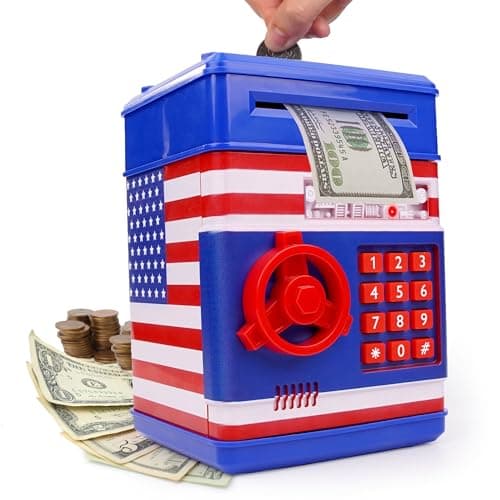 USA Toyz AllAmerican Electronic Piggy Bank for Kids ATM Kids Money Safe Coin Bank Savings Box with Auto Bill Feeder Coin Slot LED Lights 4Digit Password VoiceBeep Modes Ages 3