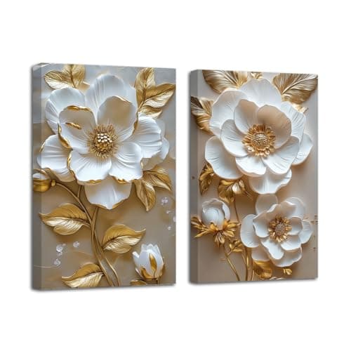 LZIMU White and Gold Flower Canvas Wall Art Elegant Golden Floral Leaves Painting Prints Abstract Floral Pictures Wall Decor for Living Room Framed 11x14inchx2 Pieces