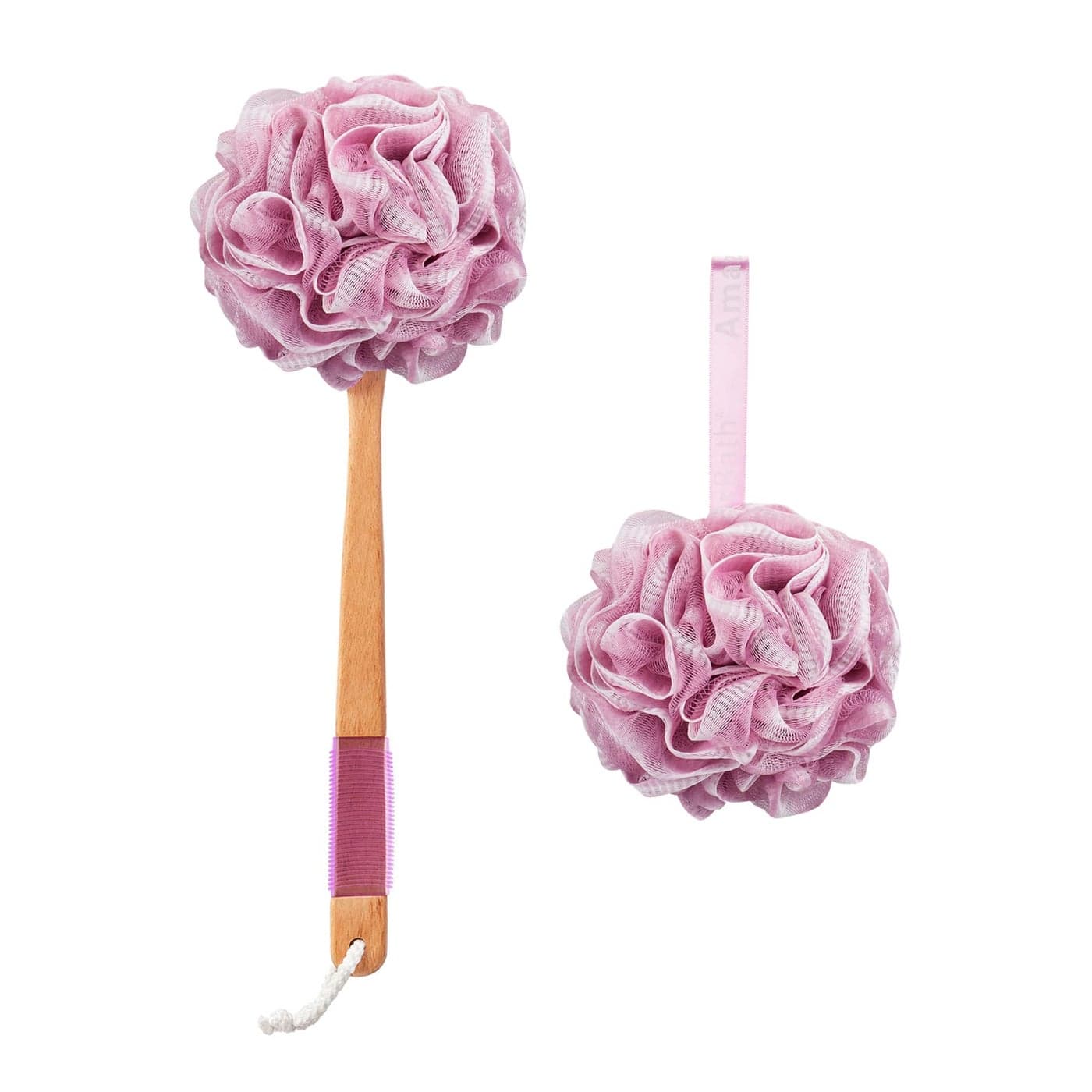 AmazerBath Shower Sponge Loofah Back Scrubber PE Soft Mesh Loofah Body Scrubber with Long Wooden Handle Bath Sponge for Men Women Pink