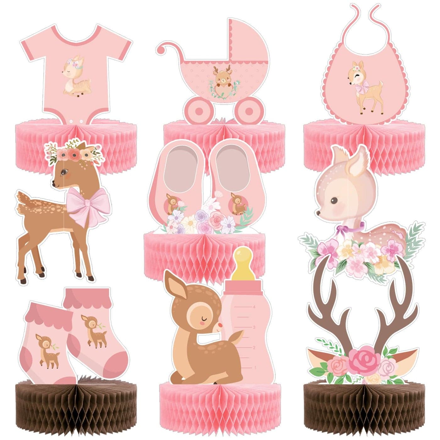 Leinuosen 9 Pcs Deer Baby Shower Decoration for Girls Honeycomb Centerpieces Pink Baby Girl Gender Reveal Party Pregnancy Announcement Table Topper Decor
