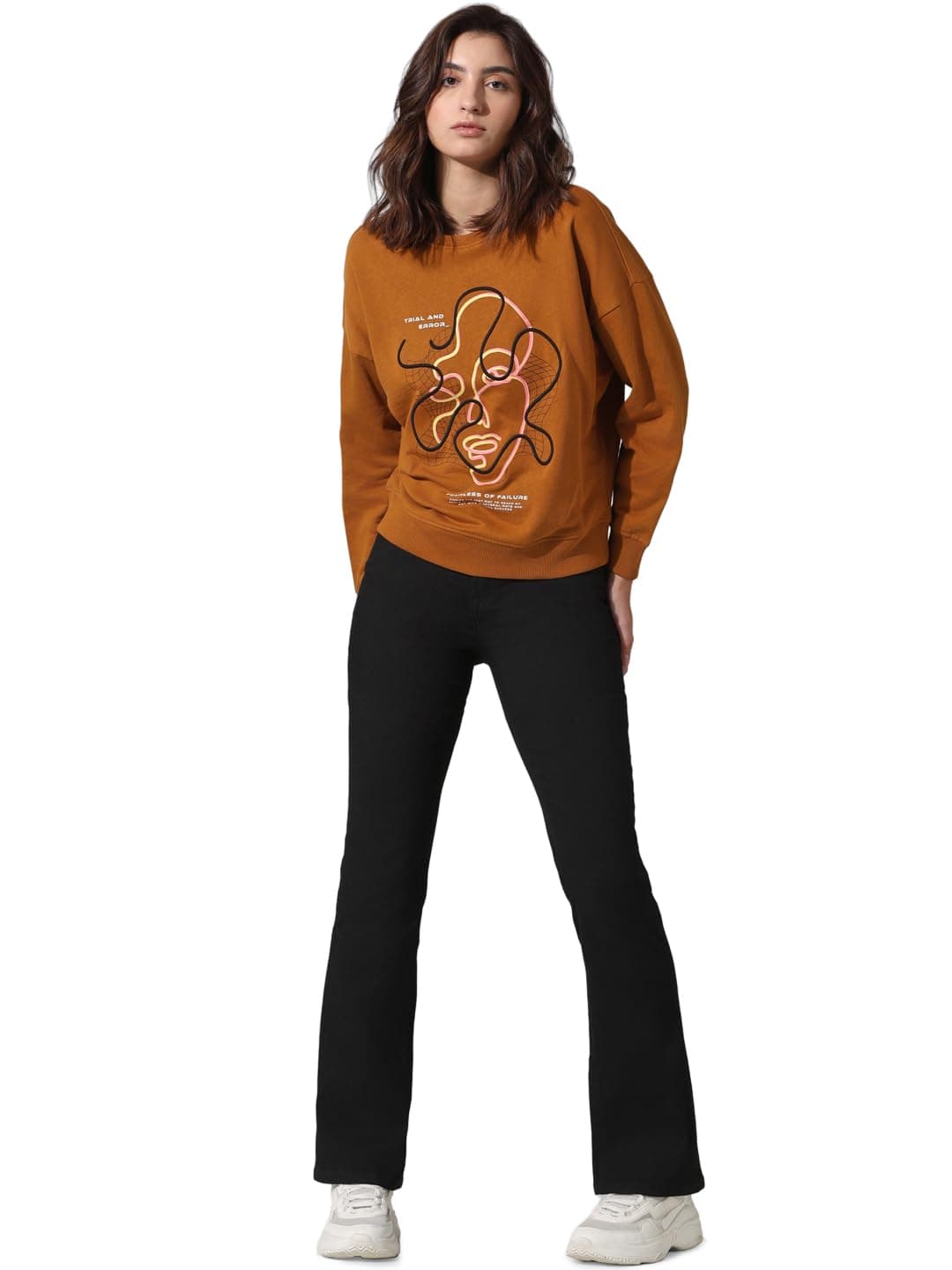 ONLY Women Printed Cotton Loose Fit Brown Sweatshirt