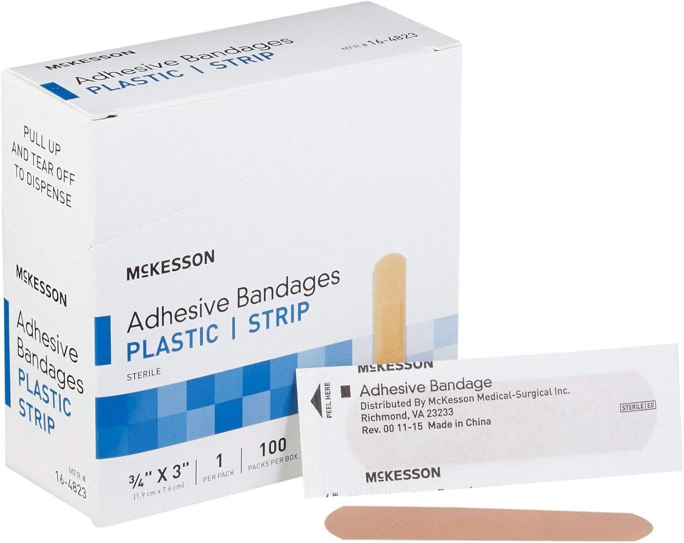 Adhesive Bandages Sterile Plastic Strip Rectangle Tan 34 in x 3 in 100 Count 1 Pack