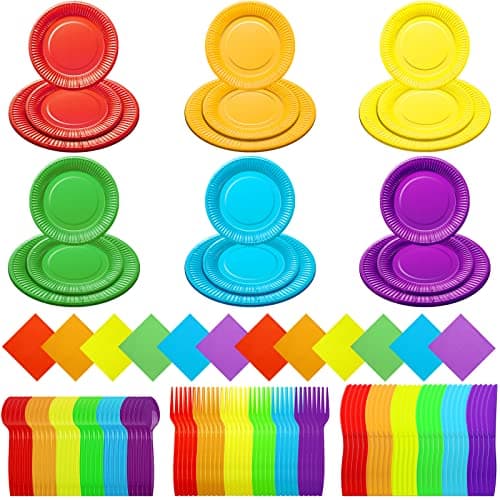 Karenhi 144 Pieces Rainbow Party Supplies Includes 7 Inch 9 Inch Paper Dinner Plates Colorful Cocktail Napkin Plastic Spoons Forks Knives Serve for 24 Guests Birthday Wedding Decoration Party Supplies