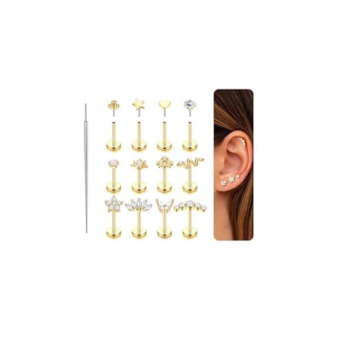 ORAZIO 14K Gold Plated Push in Stud Earrings, 316L Surgical Steel Flat Back Earrings Threadless Tragus Helix Cartilage Conch Nose Piercing Jewelry Hypoallergenic Ear Piercing for Women 20G G 6