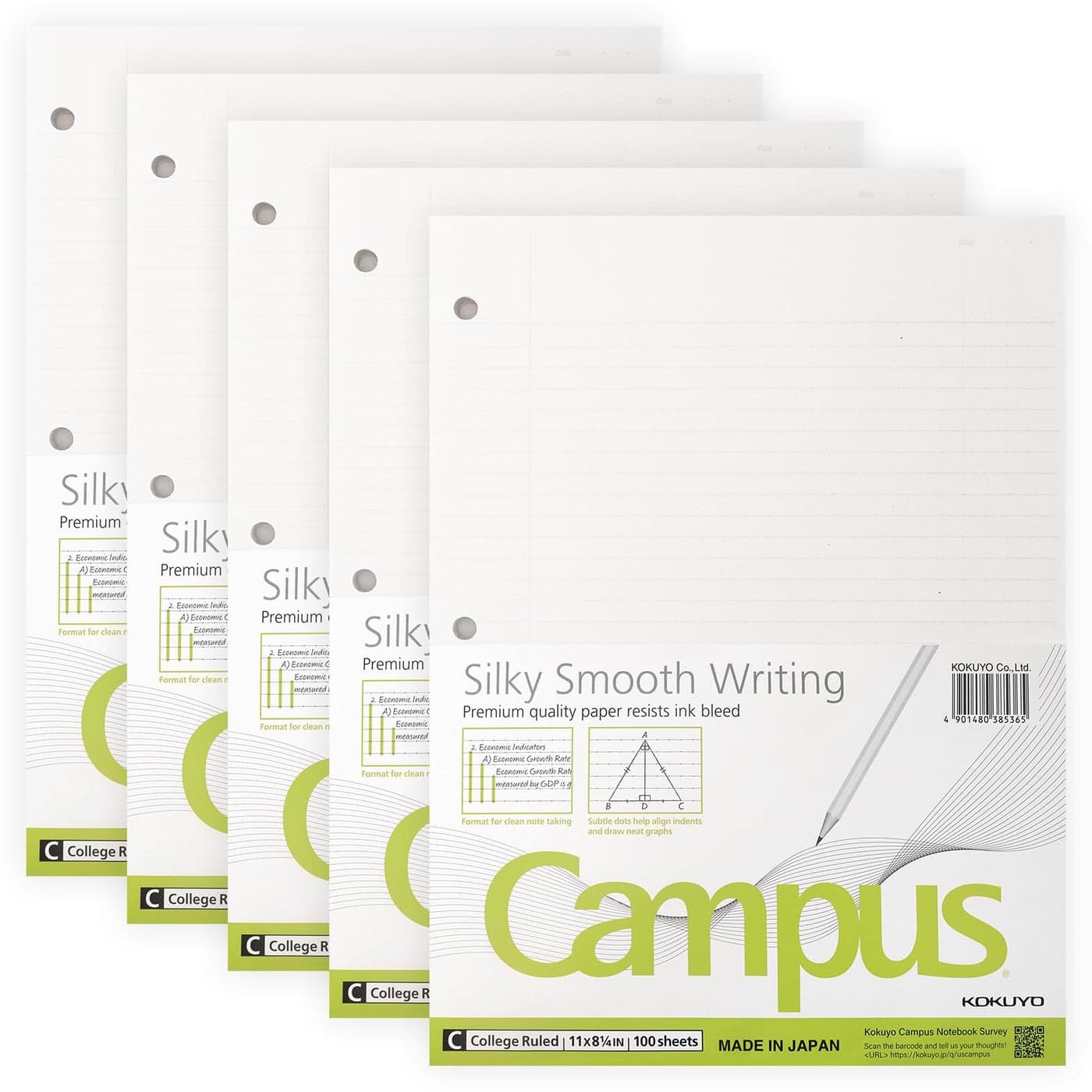 Kokuyo Campus Loose Leaf Paper for 3 Ring Binders, 11” x 8-1/4”, College Ruled, 100 Sheets, Premium quality paper resists ink bleed, Pack of 5, Made in Japan (WSG-NO-887G1)