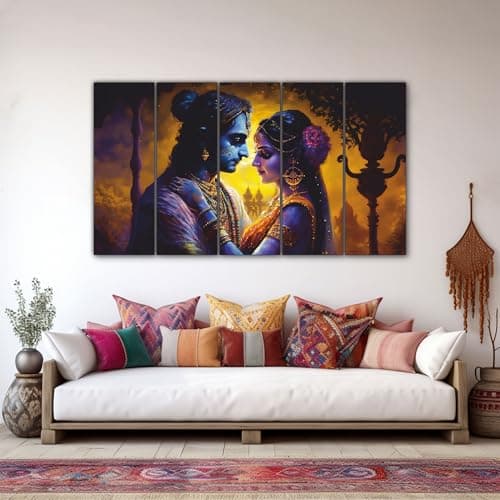 The Castle Decor Radha Krishna Wall Painting for Living Room Big Size - Radha Krishna Painting Wall Decor for Bedroom, Office, Hotels - Peaceful Digital Painting Wooden Framed for Gifting (27x48 inch)