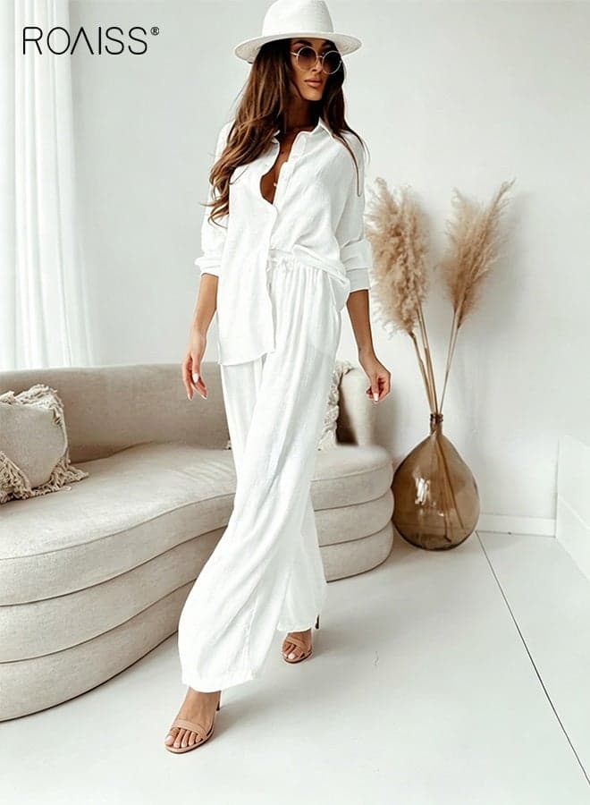 Women's Comfortable Cotton Linen 2-Piece Suit Versatile Shirt and Wide-Leg Pants Set for Daily Commuting and Leisure Breathable Simple Loose Fit for All-Day Comfort, Effortless Style White