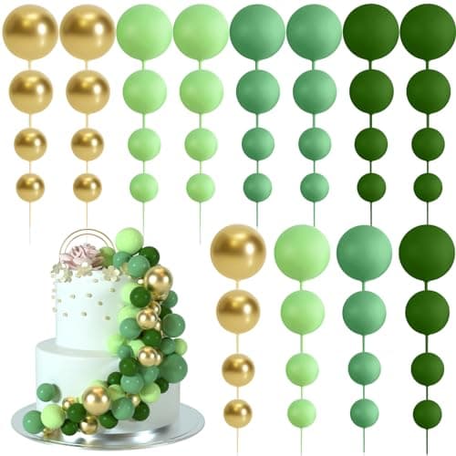 BOUBONI 48 Pcs Balls Cake Topper Decorations Balloon Cupcake Toppers Foam Cake Topper Balls Cake Balls Decorations for Birthday Party Cake Decorating Green Gold
