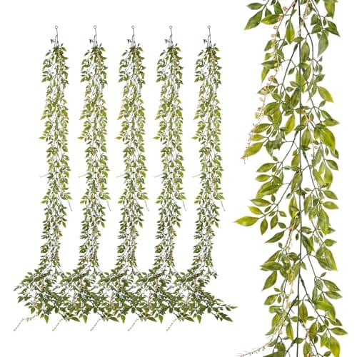 PENGYEE 6 Pack 5.57ft Artificial Greenery Garland for Table, Faux Willow Leaf Garland for Room Decor, Green Garlands for Decoration, Fake Vines Hanging Plants for Home Bedroom Wall Wedding Decor-043