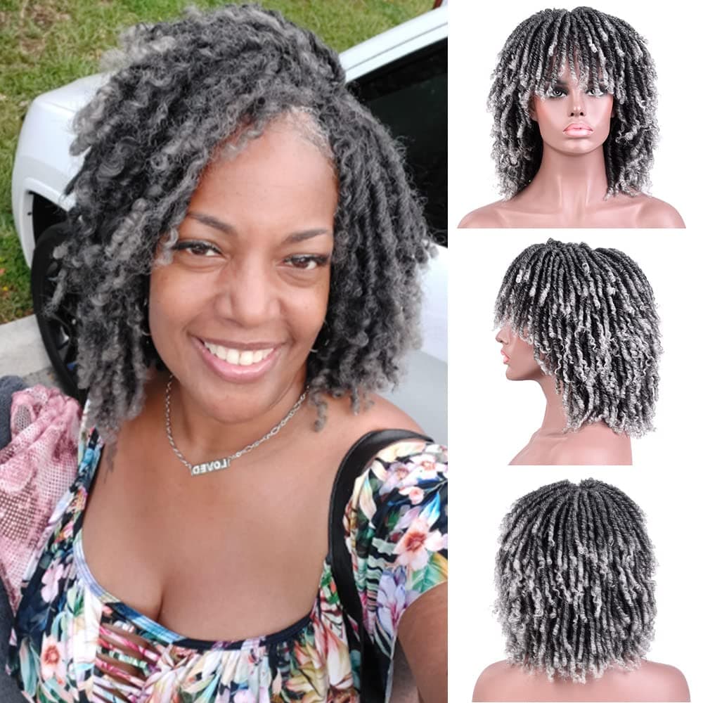 6 Inch Short Dreadlocks Wigs for Black Women and Man with Clips In Synthetic Faux Locs Braided Wig Afro Twists Dreadlocks Full Hair Replacement Wigs 1BGrey