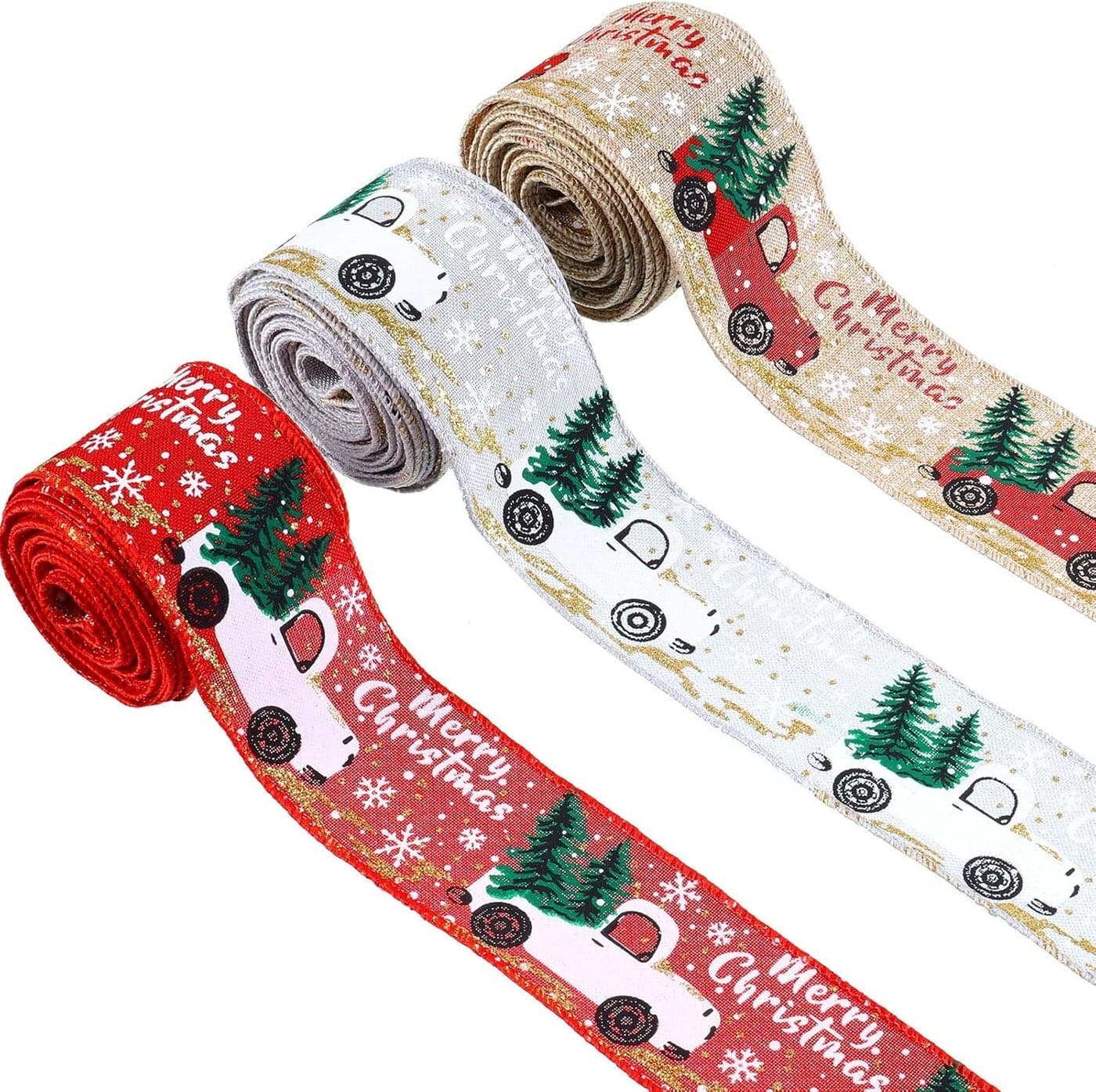 Forty Wings Set of 3 Linen Fabric Christmas Xmas Ribbons Roll 2 Wired for Christmas Decoration Ribbon Gift Wrapping Christmas Ribbons for Christmas Crafts Christmas Decorations Items Christmas Ornaments