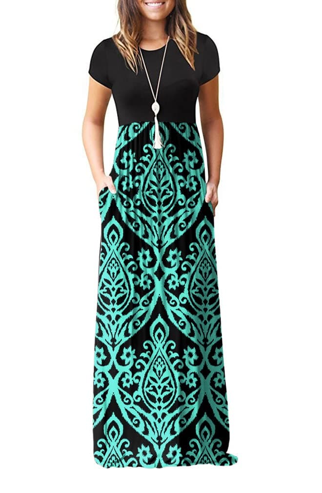 GRECERELLE Women Summer Crew Neck Casual Short Sleeve Long Maxi Dress with Pockets, Boho Blue Green, M