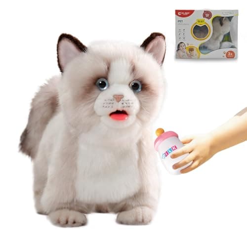 CUMATE 12 Electric Plush Ragdoll Cat Toys Electronic Stuffed Animal Cat Toy Interactive Robot Cat Walking Nodding Tail Wagging Barking Drinking Milk Present Gift for Girls and Boys