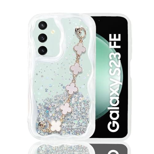 KC Back Cover for Samsung Galaxy S23 FE 5G - Curly Wave Dry Fixed Glitter Tiny Flowers Bracelet Chain Shockproof Soft Silicone Camera Protection Case (Transparent)