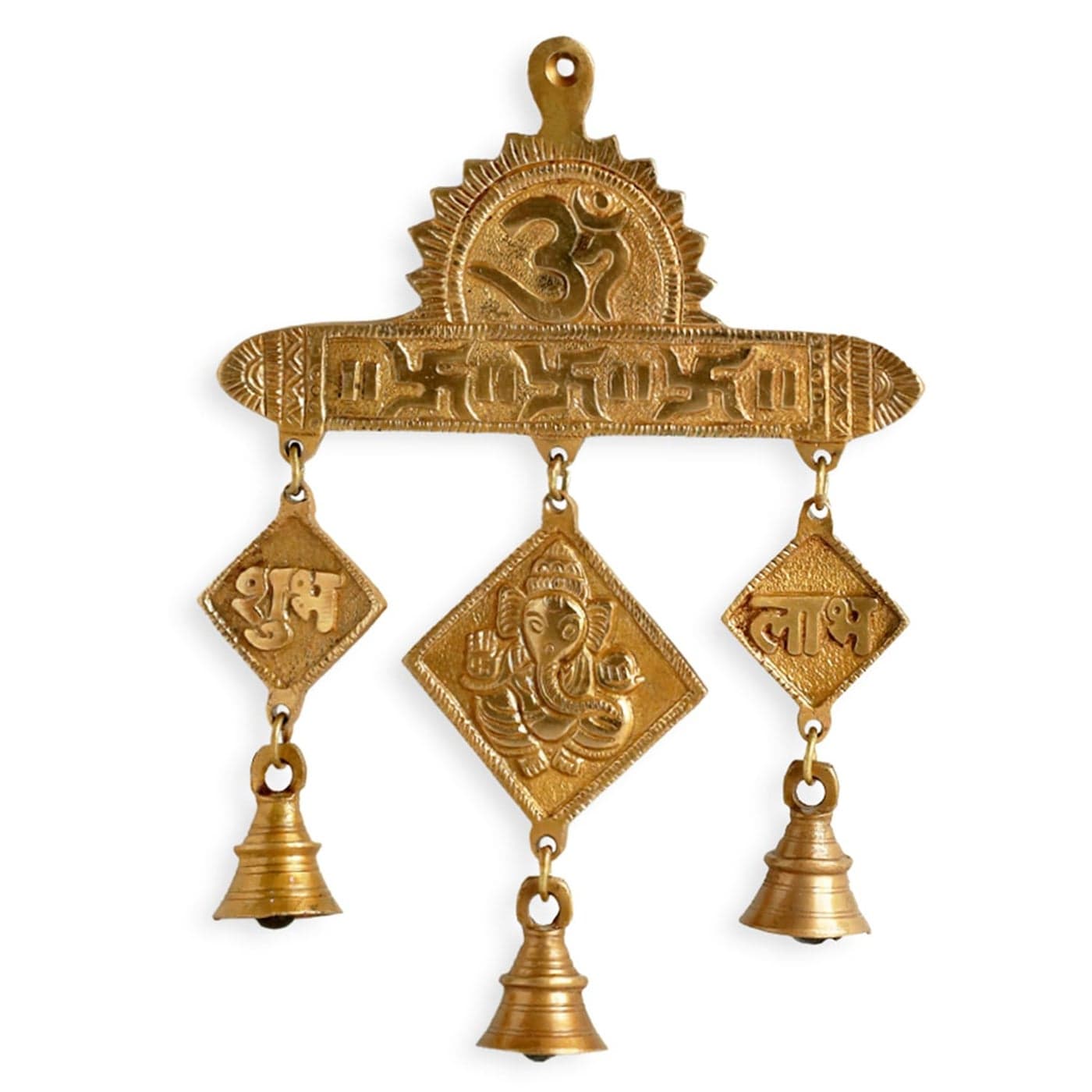 ExclusiveLane Shubh Labh Ganesha Brass Wall Hanging with Bells Pure Brass 04 Kg Shubh Labh Ganesha Brass Hanging Bells for Decoration Ghanti for Pooja Temple Decor Hanging Bell