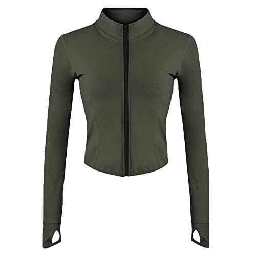 Gihuo Women's Athletic Full Zip Lightweight Workout Jacket Cropped Gym Yoga Track Jacket with Thumb Holes (ArmyGreen, Large)