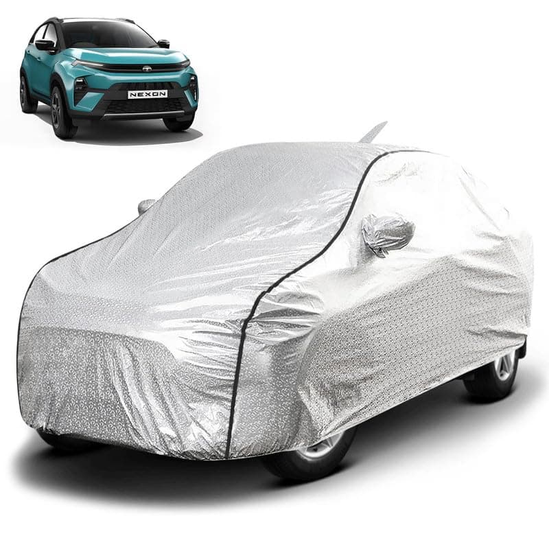 FABTEC Waterproof Car Body Cover for Tata Nexon (2024-2025) with Mirror and Antenna Pocket, Soft Cotton Lining, Triple Stitched (Heat Resistant Metallic Silver with Black Piping)