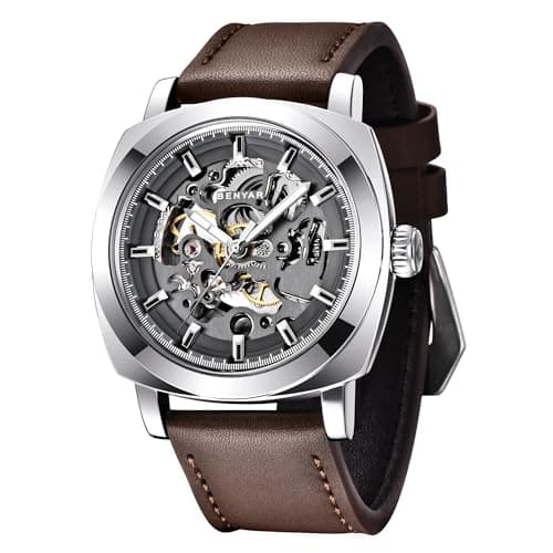 Benyar Automatic Watches for Men | Skeleton Mechanical Leather Strap Mens Watch | 45mm Dial | 30M Waterproof | Men's Stylish Gift