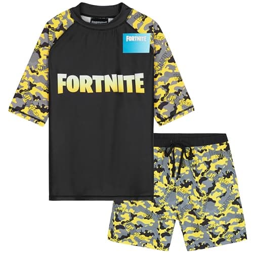 Get Trend Fortnite Bathing Suit Set for Boys Teens 2 Pcs Swim Trunks Boys Rash Guard (9-10 Years, Yellow Fortnite)