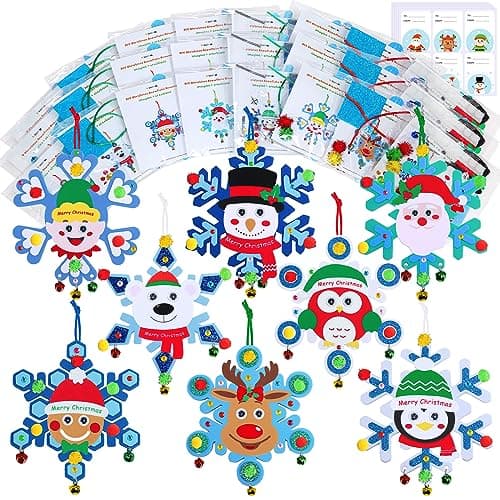 Winlyn 24 Sets Christmas Craft Kits Winter Crafts DIY Christmas Snowflake Ornaments Decorations Art Sets Snowman Elf Santa Christmas Foam Stickers for Kids Holiday Classroom Activities Party Favors